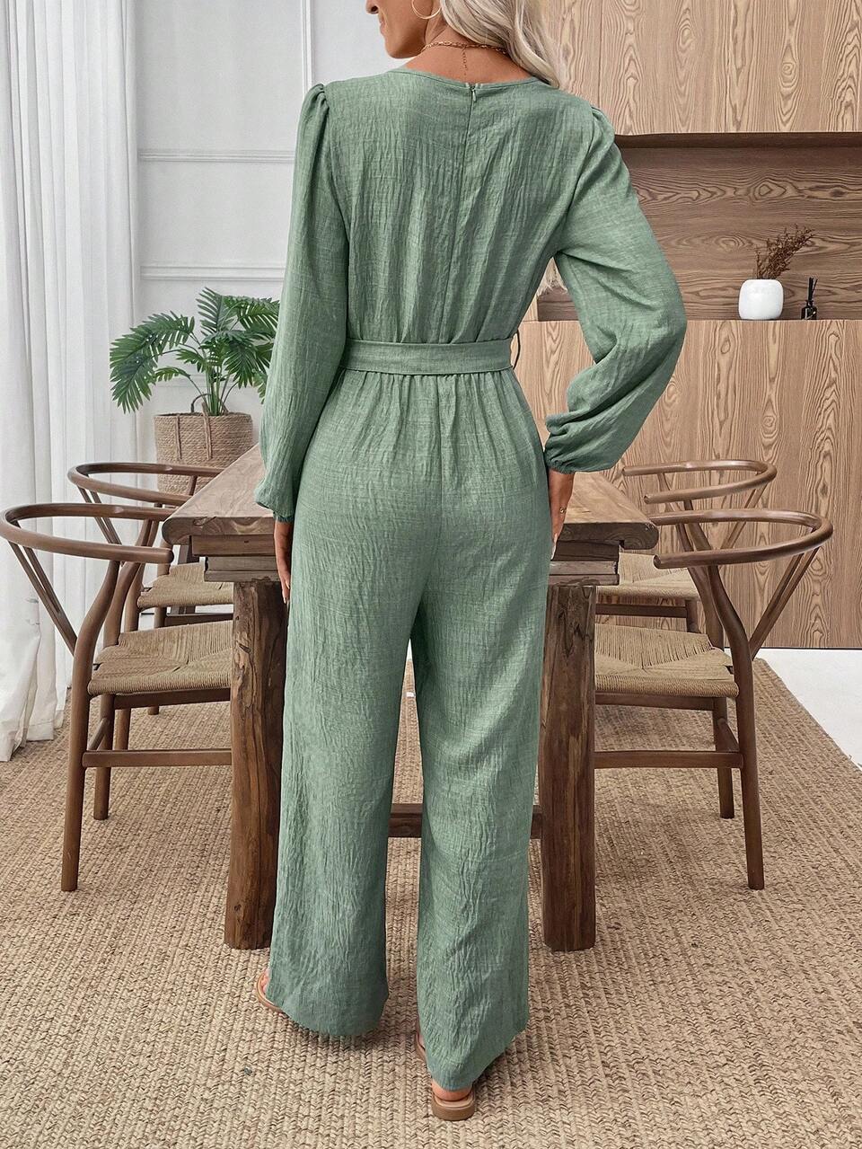 Women's Sage Green Lantern Sleeve V-Neck Wide-Leg Jumpsuit,Elegant Autumn Casual Long-Sleeved Linen Jumpsuits For Brunch,Retro Solid Overalls Clothing
