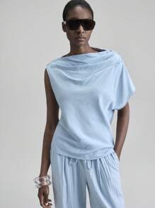 Ontre 2 件套女士不对称短袖宽松上衣和裤子套装，都市通勤，优雅舒适，简约时尚，适合城市聚会、海岛派对、度假、海岛音乐节、教师节、商务休闲 - 藍色 - 查看 5