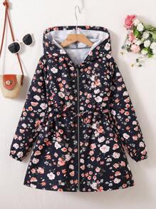 SHEIN 秋冬季青少年女孩休闲碎花连帽束腰中长外套 - 藍色 - 查看 7