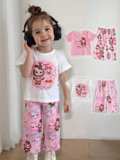 SHEIN 4 件套女婴圆领短袖 T 恤，卡通印花，插肩上衣和裤子套装，柔软舒适面料，百搭韩版夏季新品