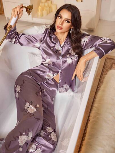 LuxeNights Elegant Floral Print Satin Purple Long Sleeve Top & Pants Women Pajama Set, Sleepwear Set, Fall Winter Clothes Cozy And Elegant Details