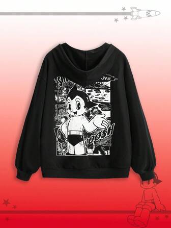 Astro Boy X ROMWE Women Loose Cute Cartoon Anime Print Sweatshirt, Black Autumn