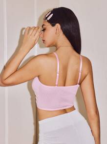 Lowkey Lull Pink Textured Fabric Pleated Bowknot Strap Padded Bust Casual Camisole Top, Sweet & Cute, Minimalist Fashion, Slim Fit, Suitable For Party, Vacation - Pink - View 2