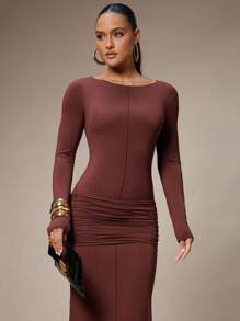 Silquee 女式纯色褶饰优雅长袖连衣裙