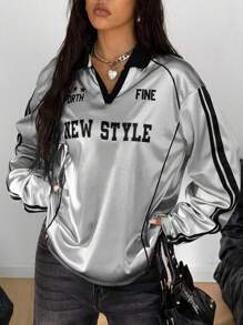 Coolane Women's Fall/Winter/All-Season Streetwear Going Out Back To School Graphics Sparkly Baseball Jersey V-Neck Polo Long Sleeve T-Shirt