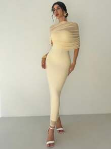 Firerie 优雅浪漫纯黄色荷叶边领口不对称褶皱腰身修身长裙，适合海滩、机场、度假、工作