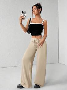 SHEIN PETITE Quần nỉ ống rộng lưng thấp dệt kim trơn thoải mái và giản dị dành cho nữ - Màu Khaki - Xem 3