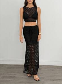 SHEIN Tall Women's Vacation Knit Crochet Vest And Split Hem Skirt Set, Bohemian Style For Music Festival - Black - View 9