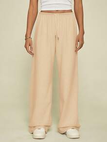 SHEIN Tall 女夏季运动裤基础款休闲杏色裤子女阔腿裤阔腿运动裤宽松裤子舒适裤子女宽松裤子女裤子阔腿夏季裤子 - 卡其色 - 查看 4