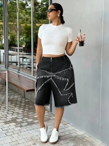 Dripcurv 大码女式磨边阔腿宽松休闲牛仔短裤 - 藍色 - 查看 5