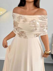 Firerie Plus Size Women's Elegant Delicate Romantic Wedding Guest Party Gown, Textured Fabric Off Shoulder Draped Ruffle Embroidered Mesh Maxi Dress, Summer - Apricot - View 6