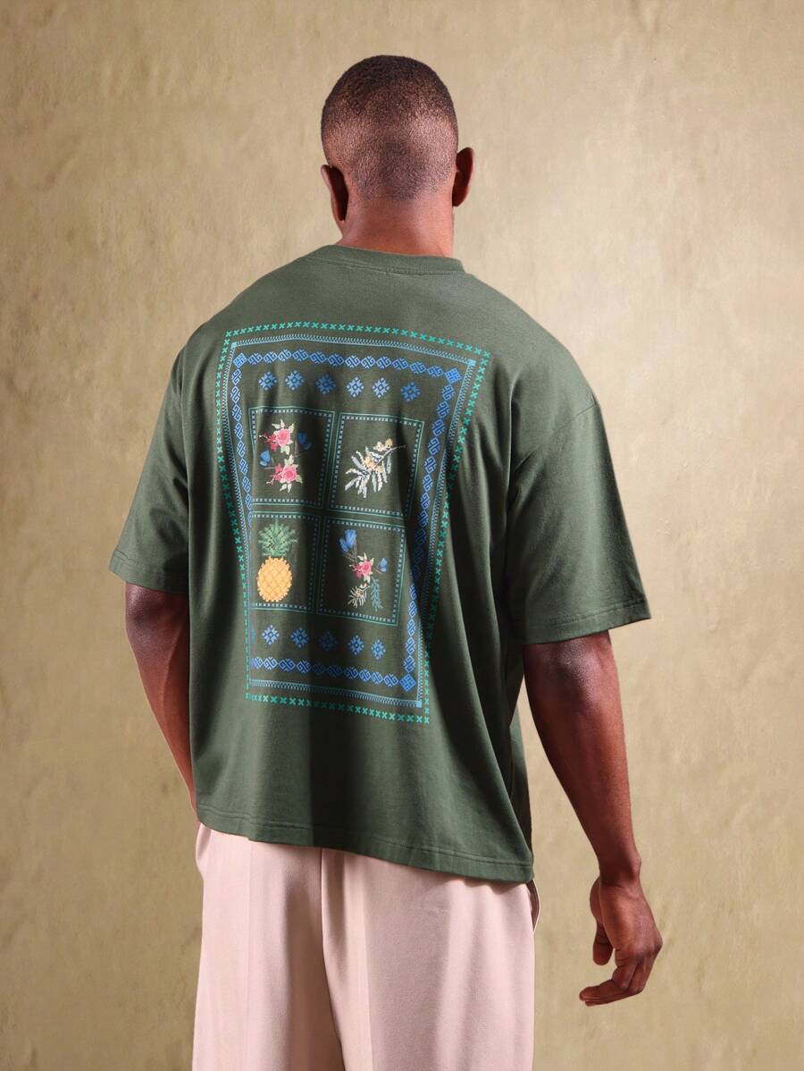 Áo thun oversized thêu chữ thập SUMWON họa tiết hoa và dứa, tay ngắn, phong cách mùa hè thường ngày, họa tiết trái cây nhiệt đới, thời trang đường phố, đi nghỉ mát. - Màu xanh lá cây đậm - Xem 1