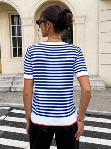 Serisse Striped Pattern Knit Top,Knitted Sweater Summer Casual - Blue and White - View 2