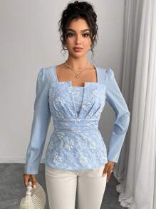 Rafferiza 优雅通勤提花拼布腰衬衫 - 藍色 - 查看 5