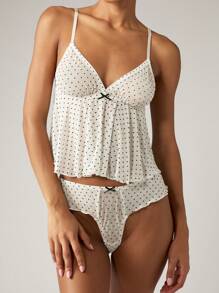 AiiRZ Polka Dot Print Lingerie Babydoll Camisole Bralette And Knickers Sleepwear Set With Ruffle Trim Adjustable Straps Comfortable Loungewear Nightwear - Multicolor - View 3