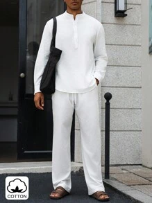 Manfinity Homme 男士棉质休闲长袖可调节袖口半襟立领衬衫和宽松长裤套装男士两件套服装