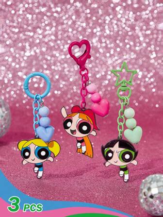 THE POWERPUFF GIRLS X SHEIN 3pcs Fashionable & Cute Zinc Alloy Keychain Bag Charm Pendant, Blossom & Bubbles & Buttercup,Y2K