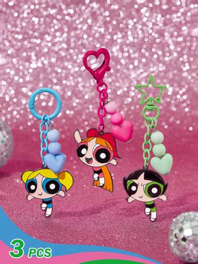 THE POWERPUFF GIRLS X SHEIN 3 piezas de llavero, dije y colgante de aleación de zinc con diseños de moda y lindos: Flor, Burbujas y Botón de oro