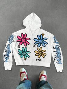 PAVTROS Manfinity Streetrush Men's Casual Street Cartoon Letter Print Drop Shoulder Loose Zip-Up Hoodie, Spring/Autumn, Flower Hoodie, Men S Clothing Streetwear, Flower Hoodie Men - Multicolor - View 6