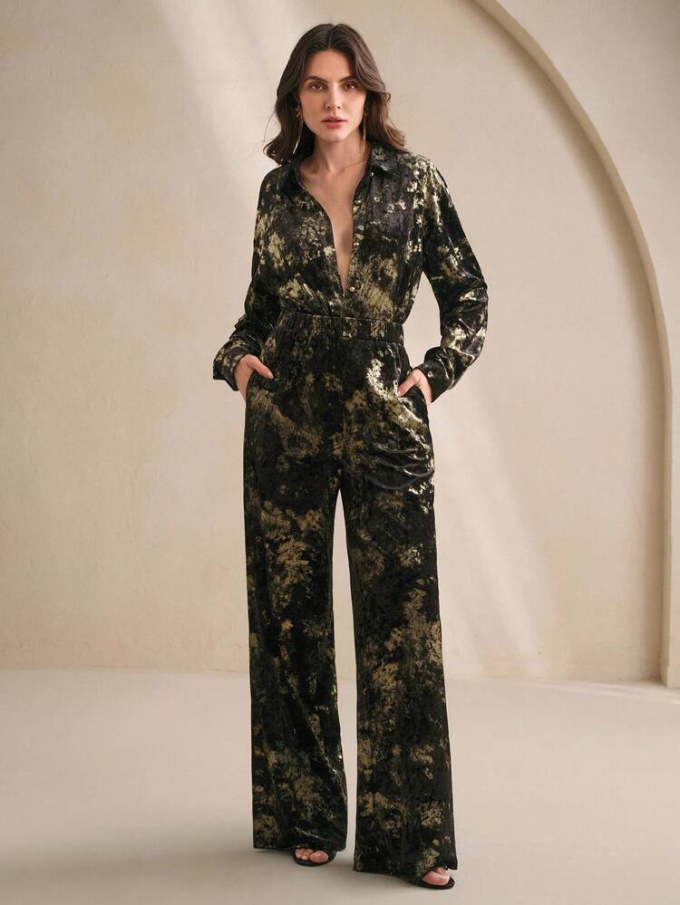Women's Autumn/Winter Set, Elegant Vintage Luxury Party Metallic Embroidery Velvet Blouse And Wide Leg Pants Suit, Suitable For Halloween, Christmas