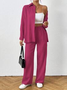 SHEIN PETITE 女式纯色长袖单排扣衬衫和裤子休闲两件套 - 玫紅色 - 查看 3