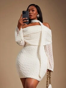 Radiana 大码女装春夏优雅纹理针织面料露肩喇叭袖修身迷你连衣裙，适合舞会、浪漫约会、情人节、宴会、盛宴、晚宴、舞会、都市风、性感职场、邮轮度假、复古风、节日、音乐会、嘉年华、郊游、层次丰富的场合、假日、约会之夜、聚会、生日、单身派对、鸡尾酒会、正式活动、优雅、时尚、夜店、可爱、休闲、外出等各种场合，凸显身材，修饰身形，打造迷人曲线/秋冬 - 杏色 - 查看 3