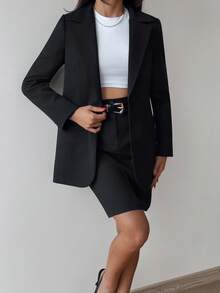 SHEIN Women Solid Color Button And Pocket Detailed Blazers - Black - View 1