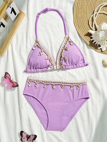 Tween Girl Shell Trim Halter Swimsuit Set, Suitable For Beach Vacation Tween Bathing Suits Lavender Bathing Suit Sets Swimwear Girls Set Seashell Bathing Suit Lavender Seashell Bikini