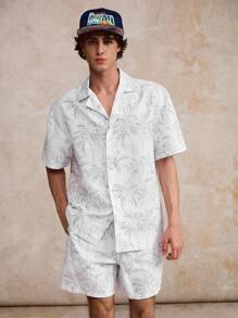 Surfspeed Men's Palm Tree Print Lapel NeckShort Sleeve Shirt And Shorts Beach Outfit