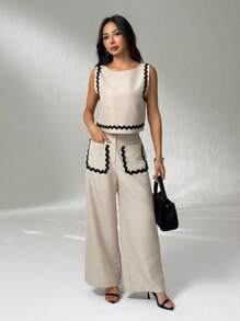 SHEIN PETITE Bộ trang phục mùa hè 2 món cho nữ, áo sơ mi viền tương phản và quần dài đơn giản rộng rãi đi làm - Màu be - Xem 4