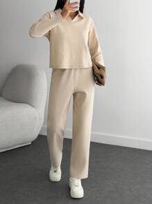 SHEIN Tall Großgrößen-Set mit Oversized T-Shirt mit Umschlagkragen und Hose - Beige - Übersicht 1