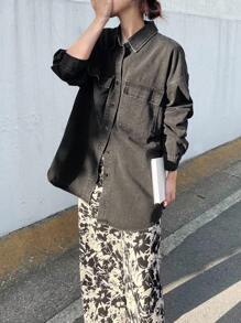 FRIFUL 女士纯色休闲长袖牛仔衬衫、牛仔夹克、秋季女装 - 灰色 - 查看 4