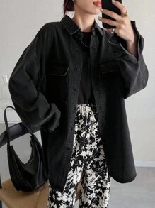 FRIFUL 女士纯色休闲长袖牛仔衬衫、牛仔夹克、秋季女装 - 灰色 - 查看 6