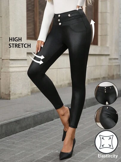 EMERY ROSE Women's Fashionable Versatile Solid Color Slim Fit Pants Black Leggings For Women High Waist Pants Woman Stretch Pants Leather Leggings Fall Clothes For Women Elegant Fall Women Clothes