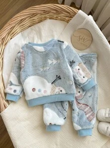 2pcs Baby Boy Christmas Snowman Pattern Ribbed Round Neck Long Sleeve Top & Flannel Pajama Pants Set, Soft & Comfortable, Suitable For Autumn/Winter - Blue and White - View 2