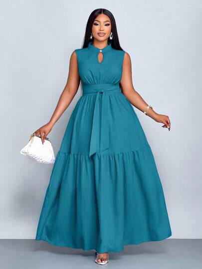 SOLERSUN 加大码蓝色立领前开襟无袖束腰系带连衣裙女式优雅休闲时尚通勤外出连衣裙夏季新款女装