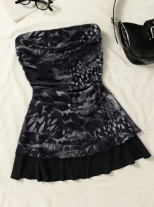 INAWLY Plus Size Minimalist Print Strapless Dress - Black - View 1