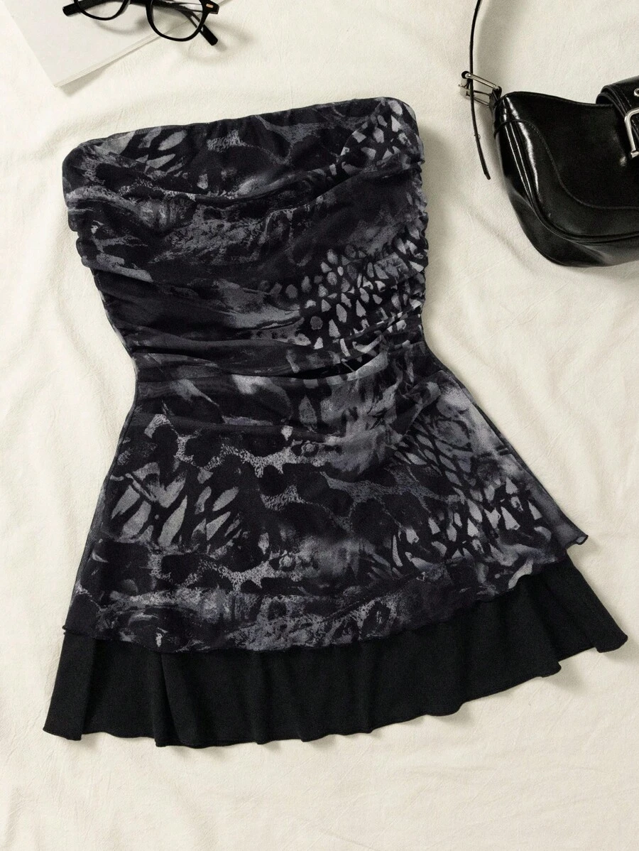 INAWLY Plus Size Minimalist Print Strapless Dress - Black - View 1