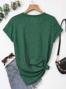 INAWLY Plus Size Women's Letter Mountain Print Round Neck Short Sleeve Casual T-Shirt - Green - View 2