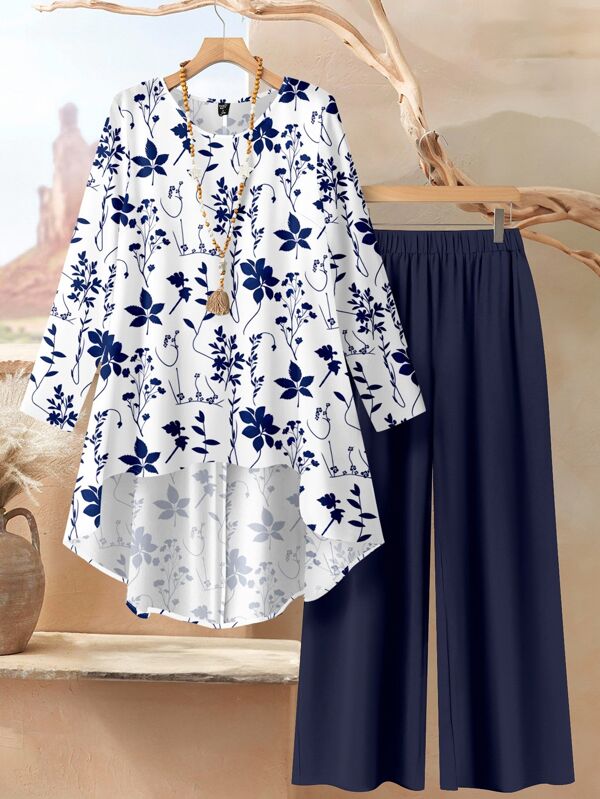 Rusticease 2pcs Women Loose Fit Round Neck Long Sleeve Top And Pants Set, Summer Outfit, Blue & White Ditsy Floral Fall Clothes
