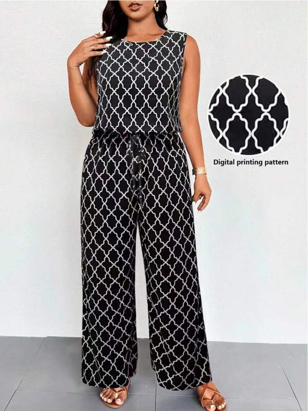 EMERY ROSE Plus Size Geometric Print Sleeveless Elastic Waist Casual Jumpsuit