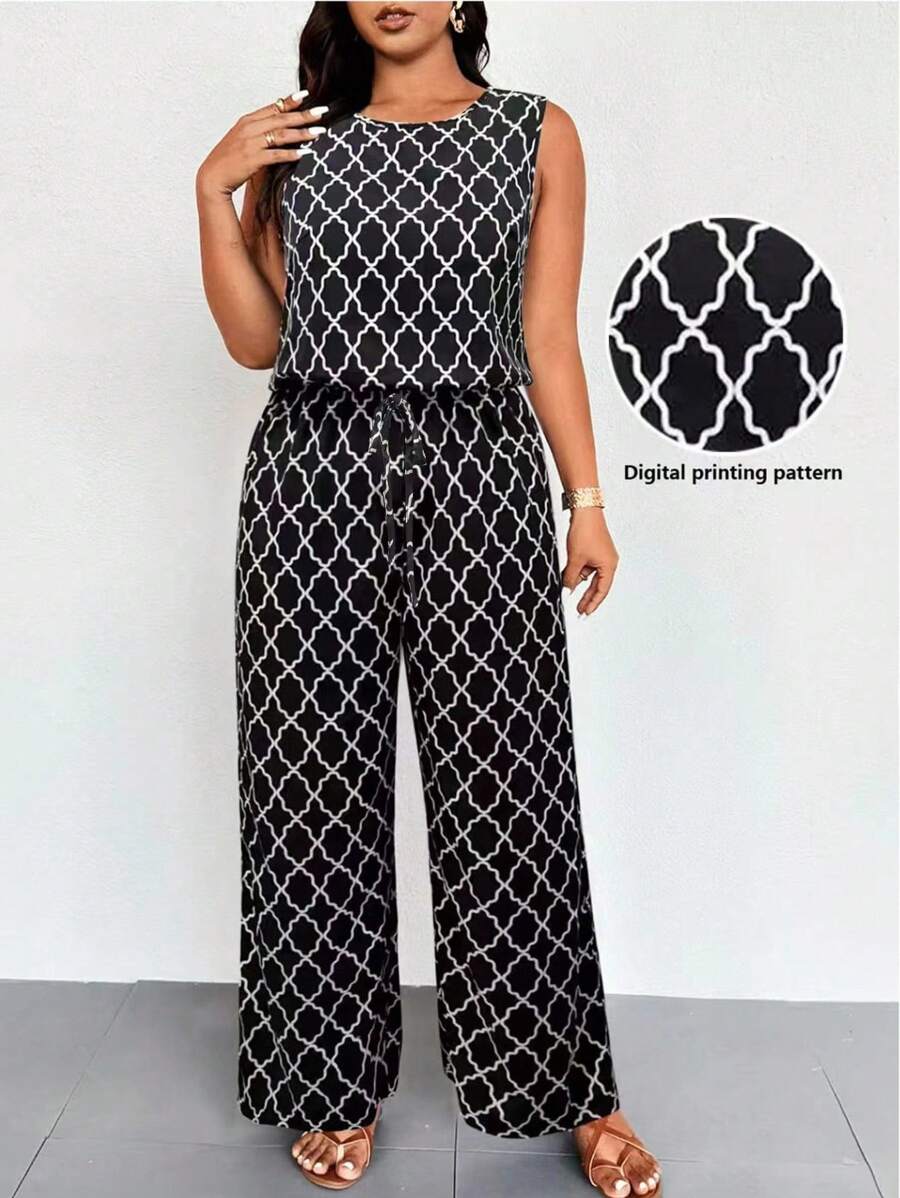 EMERY ROSE Plus Size Geometric Print Sleeveless Elastic Waist Casual Jumpsuit - Black and White - View 1