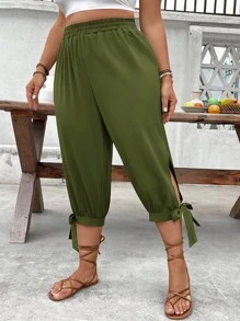 EMERY ROSE Pantalones de talle alto con cordón, talla grande, primavera/verano - Verde militar - Ver 4