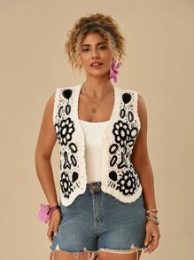 SHEIN TRVLCHIC Plus Size Nữ Màu sắc tương phản Áo thêu hoa không tay thông thường Áo vest - Nhiều màu - Xem 7