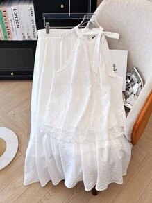 SHEIN Clasi Plus Size Women's Romantic Elegant Sweet Vacation Style Mesh Embroidered Camisole & Tie-Up Waist Flowy Skirt Set - White - View 3