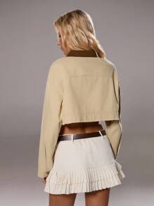 TRNVIE Distressed Contrast Color Zipper Decor Outdoor Casual Lightweight Jacket, Suitable For Work/Office - Khaki - View 3