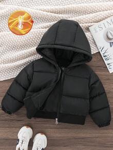 Elladie kids 女童加厚棉质羽绒服，抽绳下摆连帽棉质外套，适合秋冬季节穿着，多功能幼儿羽绒服，男童冬季外套，儿童冬季外套，黑色羽绒服，儿童男童黑色冬季外套 - 黑色 - 查看 1