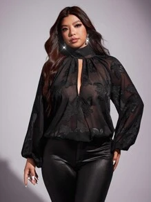 Viva Relle 大码女士新年乔其纱系带蝴蝶结性感透视吊带背心 - 黑色 - 查看 5