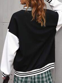 INAWLY 女式字母贴花撞色前扣休闲长袖夹克 - 黑與白 - 查看 2