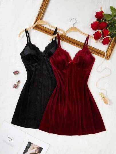 Snug Zone 2pcs Women's Elegant Velvet Lace Trim Camisole Nightgown Set, Velvet Sleep Lingerie Dress, Fall Winter Clothes, Cozy